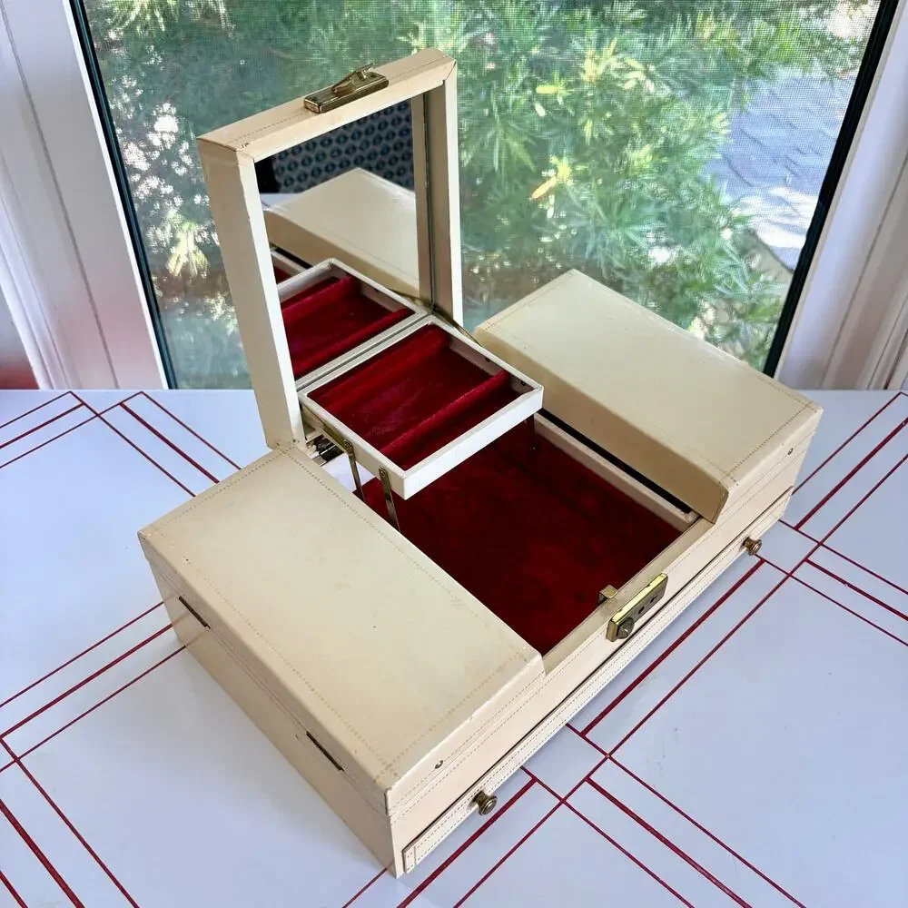 Large Vintage 1960s Cantilever Jewelry Box Red Velvet Mirror Ivory Vanity